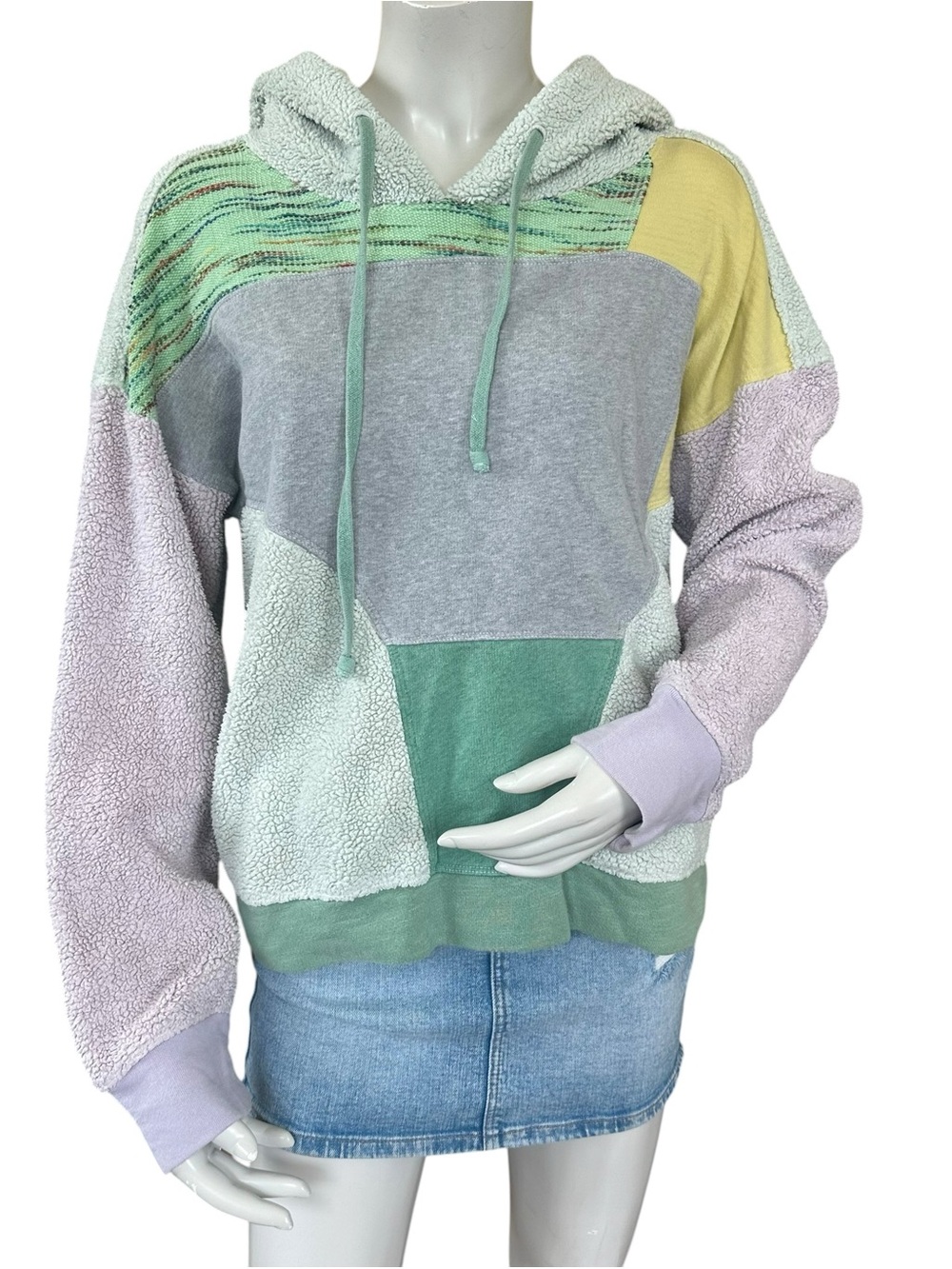Anthropologie Daily Practice Mixed Material Patchwork Fuzzy Hooded Sweatshirt M